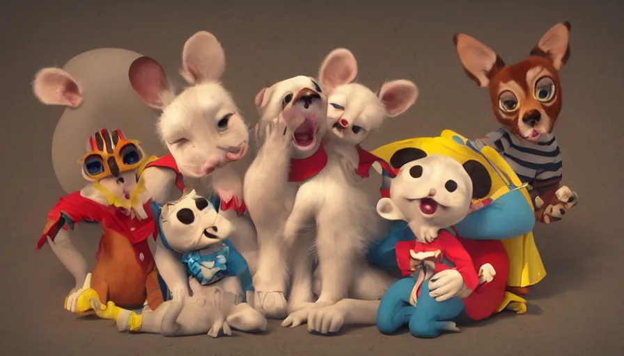 Prompt: very very very cute circus performers, baby creatures, character design for animation, 3d render, big disney eyes, max kostenko, bobby chiu, symmetrical eyes, cuteness, a lineup of characters, Trending on Artstation, oil on Canvas by Bobby Chiu and Norman Rockwell, octane render, 4k, 8k, HD