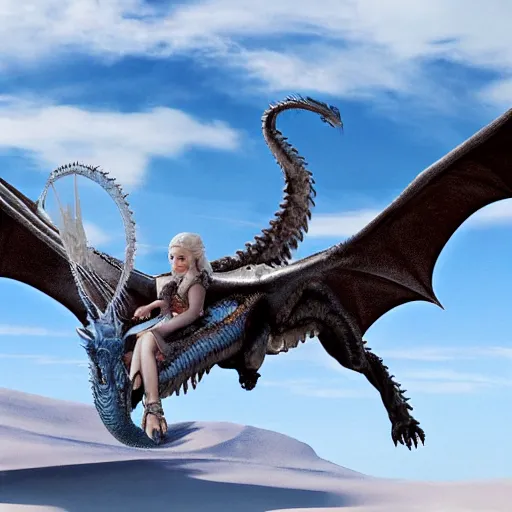 Prompt: daenerys from game of thrones flies on a dragon over snow desert