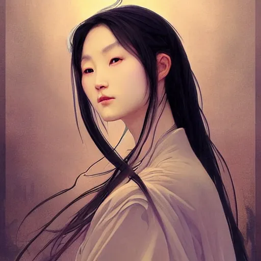 Image similar to A portrait of An beautiful!!! ancient Chinese female swordsman by Ross Tran!!! and alphonse mucha and greg rutkowski! and gustav doré! and Zdzisław Beksiński! and Ruoxin Zhang!!!,In style of digital art illustration.Symmetry.Highly detailed face.Fantasy,smooth,hyper detailed,sharp focus,Soft light.trending on artstation.