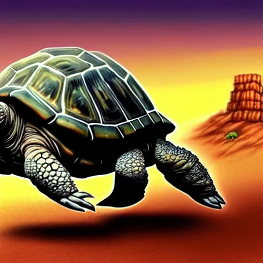 Image similar to Large Fantasy City riding on the back of a Giant tortoise stomping through the hot sunny desert, High detail, Dungeons and Dragons, Focus on giant tortoise, 4k