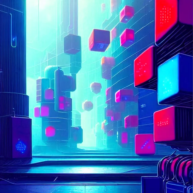 Image similar to a cyberpunk colorful cubes interconnected with glowing tubes, giant tubes connecting separate blocks, blockchain, symmetry, intricate, volumetric lighting, beautiful, rich deep colors masterpiece, sharp focus, ultra detailed, in the style of john harris