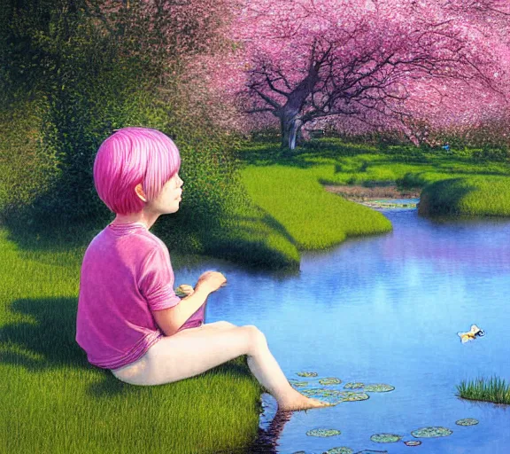 Image similar to pink haired boy backlit staring at black haired boy from across a pond, by alan lee, muted colors, springtime, colorful flowers & foliage in full bloom, sunlight filtering through trees & skin, digital art, art station cfg _ scale 9