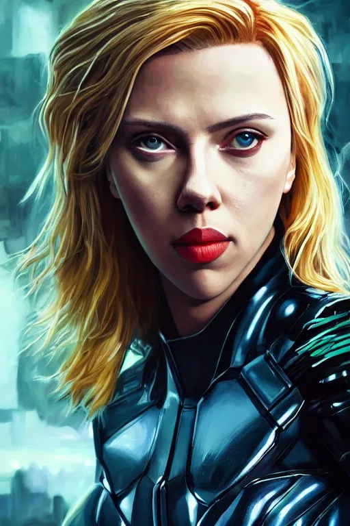 Image similar to a striking painting of Scarlett Johansson as 2000AD Judge Anderson, strong lighting, ultra realism, highly detailed, trending on artstation, 4K, HD, oil on canvas