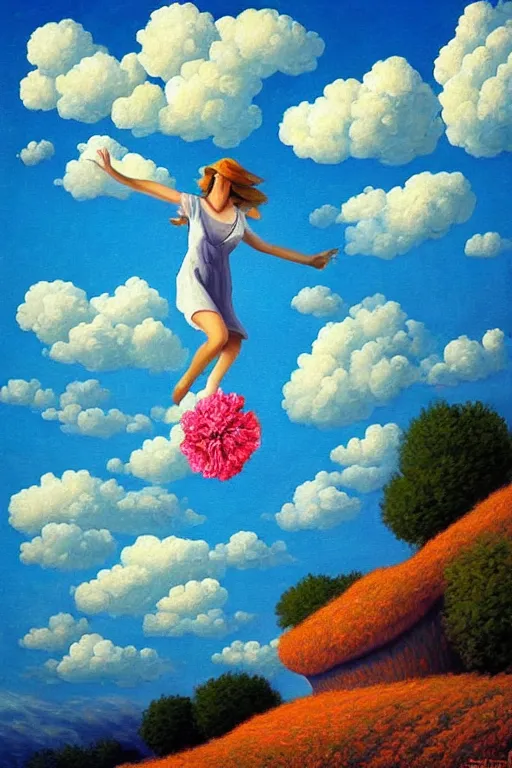 Image similar to look up, giant carnation flower head, woman jumping, clouds in blue sky, surreal, impressionist painting, digital painting, artstation, rob gonsalves