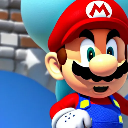 Image similar to a 3 d render of mario wearing a sonic suit, blue spiky hair