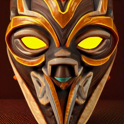 Image similar to a cyberpunk tribal mask, japanese pottery, vivid colors, wood, metal, intricate details, trending on cgsociety, glowing eyes, one per image, sharp focus, ultra realistic details, cinematic atmosphere, global illumination, shadows, octane render, 8 k