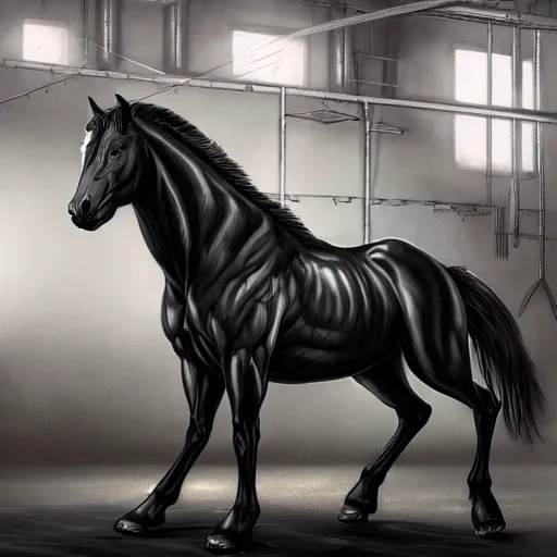 Prompt: an exaggeratedly muscular anthropomorphized black - coated horse with a magnificently muscular physique wearing tight kevlar outfit standing in a facility, long white mane, proportionally enormous arms, equine, anthro art, furaffinity, highly detailed, digital painting, artstation, concept art, illustration, art by artgerm, greg rutkowski, wlop