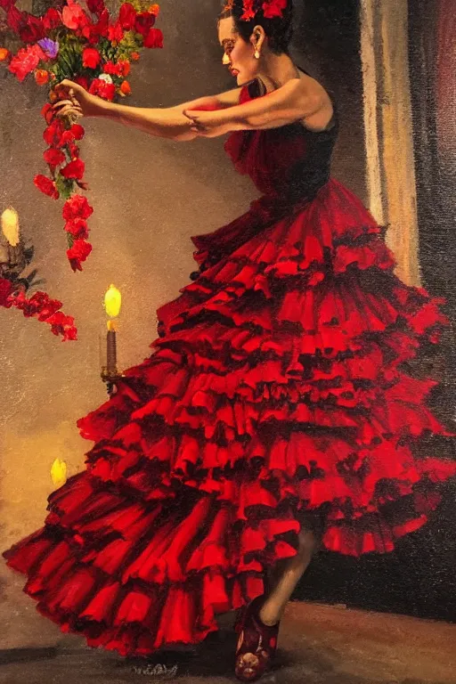 Image similar to vintage detailed oil painting of spanish flamenco dancer in mallorca wearing a red dress made of flowers, dimly lit by candles on the ground, looking away, her head is vapor, dark shadows, photo realistic, extreme detail skin, no filter, slr, 4 k, high definition
