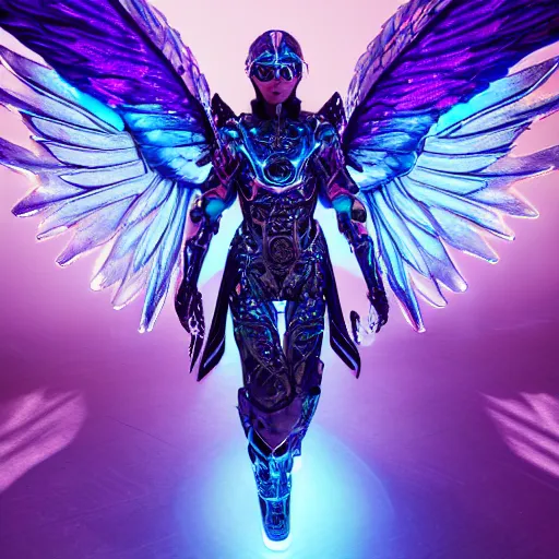 Image similar to a photo of 8k ultra realistic archangel with 6 wings, full body, intricate purple and blue neon armor, ornate, cinematic lighting, trending on artstation, 4k, hyperrealistic, focused, high details, unreal engine 5, cinematic