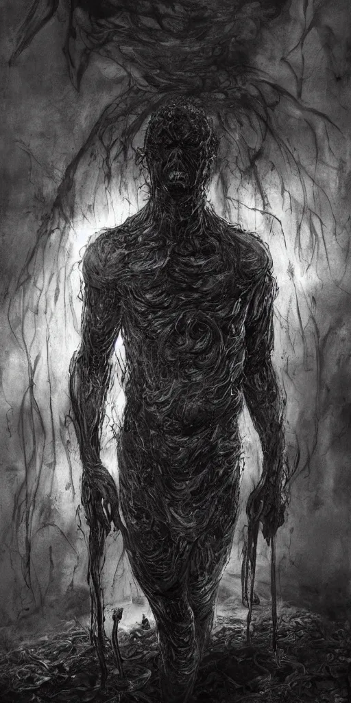 Image similar to concept art of a man with his body covered in burns, with black smoke coming out of his hands, full body, dark colors, sinister atmosphere, dramatic lighting, cinematic, establishing shot, extremely high detail, photo realistic, cinematic lighting, pen and ink, intricate line drawings, by Yoshitaka Amano, Ruan Jia, Kentaro Miura, Artgerm, post processed, concept art, artstation, matte painting, style by eddie mendoza, raphael lacoste, alex ross,