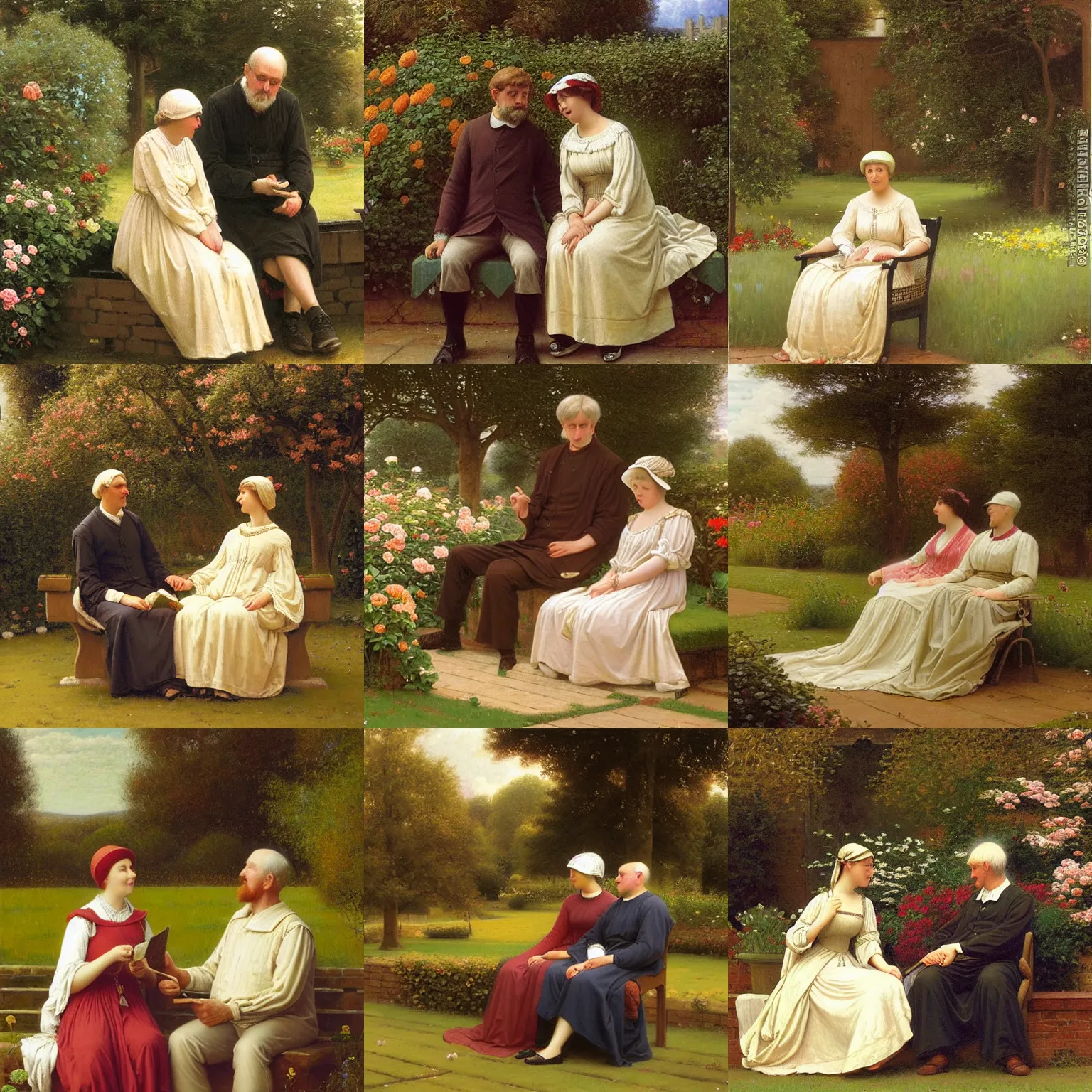 Prompt: An Edmund Blair Leighton painting of a short 60 year old woman and a tall 60 year old man sit together in a garden, happy