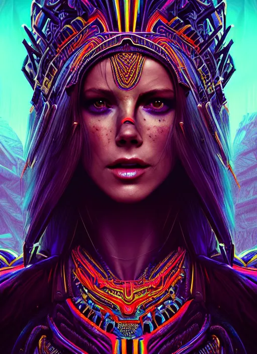 Image similar to portrait, hyper detailed ultra sharp aztec underworld warrior trance girl, breathtaking, kate beckinsale. trending on artstation, warpaint aesthetic, earthwave, colorful, neon, ornate, intricate, digital painting, concept art, smooth, sharp focus, illustration, art by artgerm and greg rutkowski and h. r. giger, 8 k