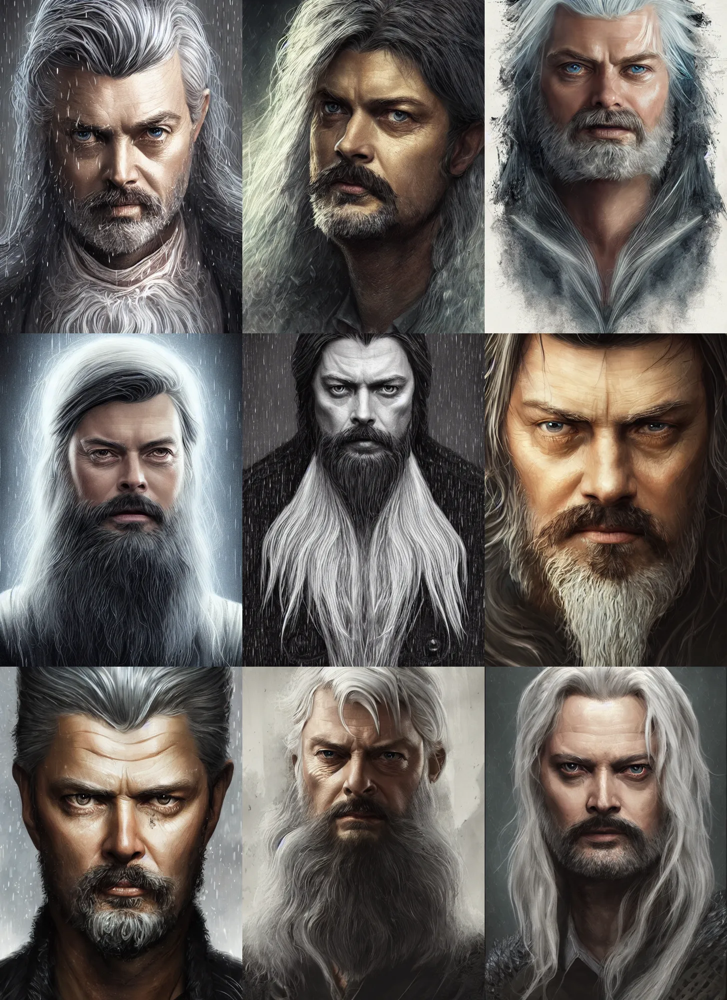 Prompt: portrait karl urban as old male warlock, storm, rain, ghost, long hair, beard, moustache, d&d, intricate, elegant, highly detailed, digital painting, artstation, concept art, smooth, sharp focus, illustration, daren bader, aleksi briclot, rutkowski, bouguereau