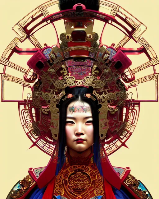 Image similar to portrait of a chinese cyberpunk machine, machine face, upper half portrait, decorated with chinese opera motifs, regal, asian, fine china, wuxia, traditional chinese art intricate intense elegant 京 剧 highly detailed digital painting artstation concept art smooth sharp focus illustration, art by artgerm and greg rutkowski alphonse mucha 8 k