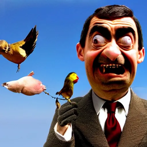 Prompt: angry mr. bean with his mouth wide open flapping his bird wings, thousands of little mr. beans are chasing him, fear panic, restlessness