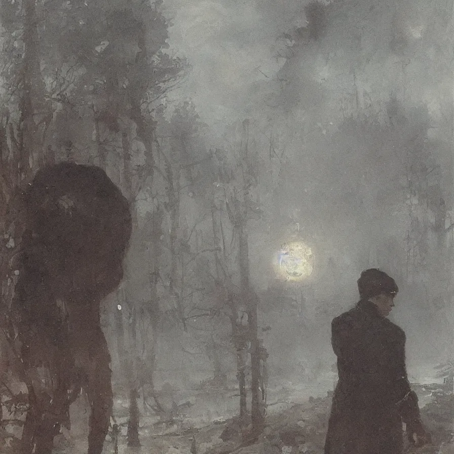 Prompt: artwork about a sad sphere - headed character, by viktor vasnetsov. atmospheric ambiance. depth of field and tridimensional perspective. foggy.