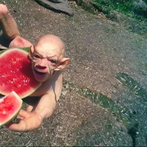 Prompt: Gollum eating watermelon, action, go pro