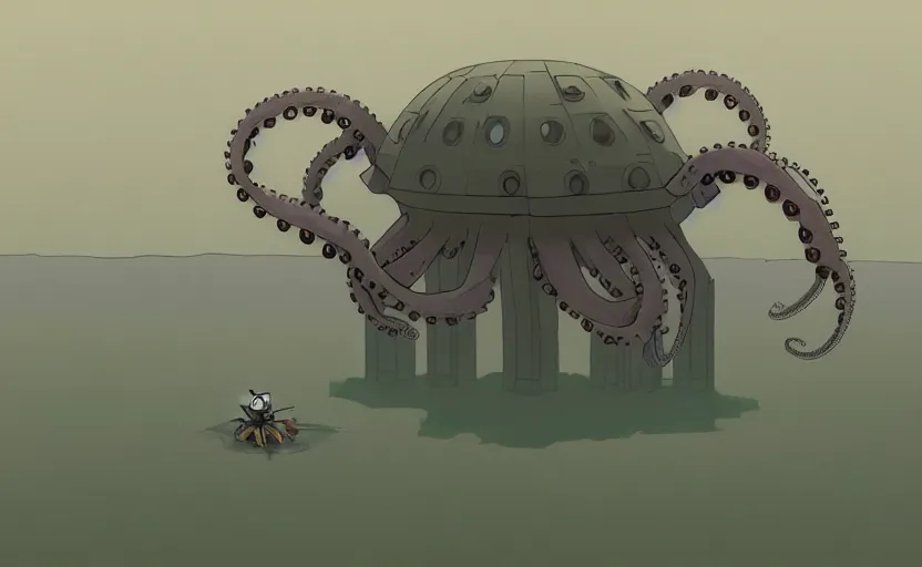 Image similar to a realistic cell - shaded studio ghibli concept art from paprika ( 2 0 0 6 ) of a flying intelligent dull grey mechanical octopus from close encounters of the third kind ( 1 9 7 7 ) in a flooded monument valley stonehenge. very dull colors, wide shot, hd, 4 k, hq