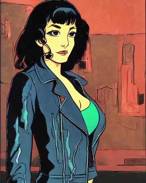 Image similar to young female protagonist in leather jacket, city street, artwork by ralph bakshi