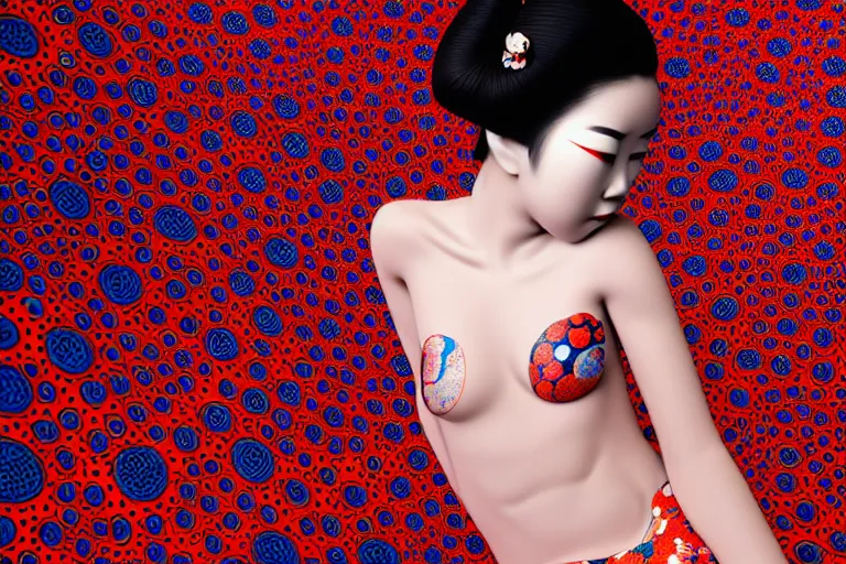 Prompt: hyperrealistic detailed image of a geisha laying in a art installation room, hd smooth interior by yayoi kusama, part by kei mieno, part by ross tran, dark art by james jean, ultra realistic, highly detailed, life like face, detailed body, 8 k, 3 d render by roger magrini, very cohesive, masterpiece