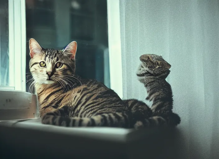 Image similar to photography of a Cat . watching outside the window. on a bed. in a 70's room full of vinyls and posters, photorealistic, award winning photo, 100mm, sharp, high res