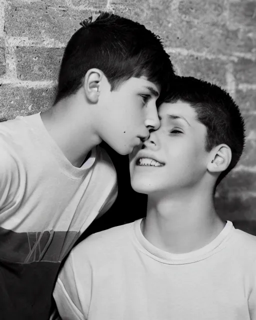 Prompt: black and white photo, two teenage boys stand against a wall, staring lovingly into each other's eyes, about to kiss, cdx
