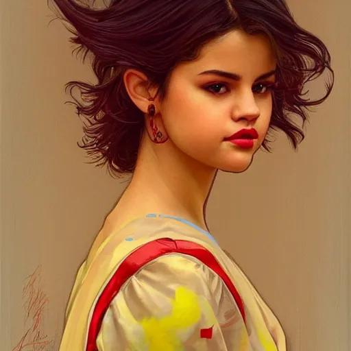 Image similar to a cinematic portrait scene selena gomez dark curly hair, red cheeks, yellow red background, intricate, elegant, highly detailed, digital painting, artstation, concept art, smooth, sharp focus, illustration, art by artgerm and greg rutkowski and alphonse mucha