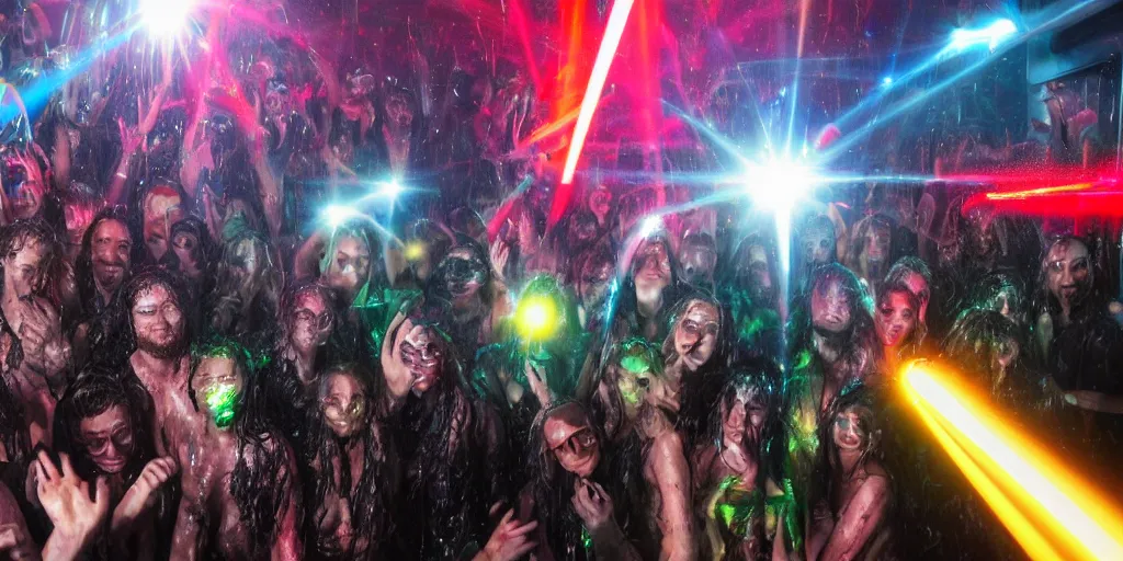 Image similar to wet complex, colored lasers, people, skin, smoke, god rays, hair, wet metal reflections, mirrors, infinite, close up, skin, wet, ultra detailed, group of people