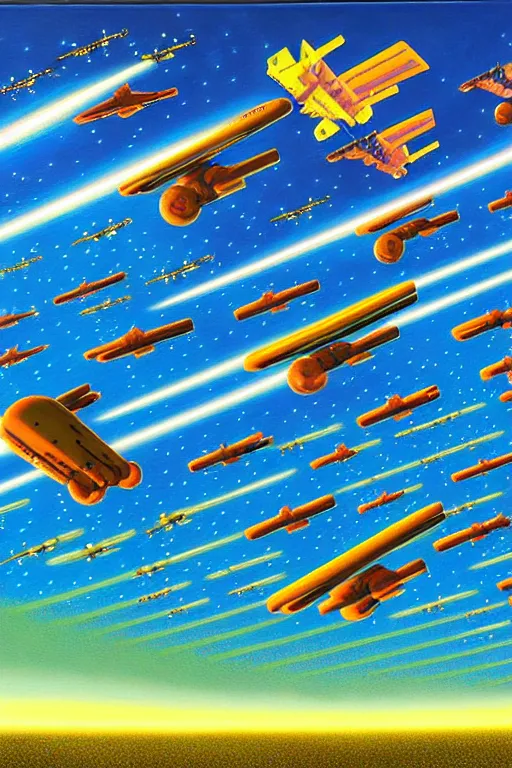 Prompt: a hyperrealistic painting of a fleet of spacecrafts flying over the farmers market on a sunny day, by chris cunningham and richard corben, highly detailed, vivid color,