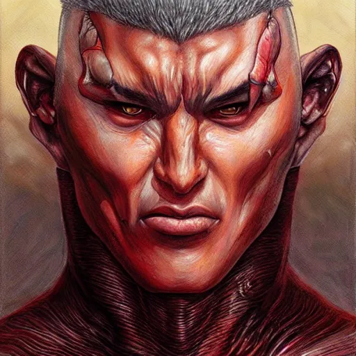 Image similar to Hyper-realistic paintings of Guts From Berserk by Mike Dargas