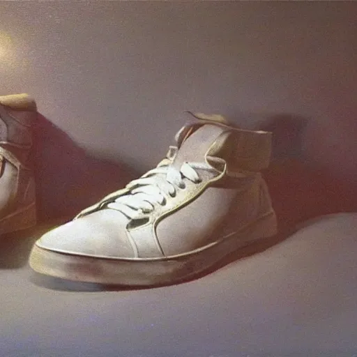 Image similar to ultra realistic painting of sneakers, art by frank frazetta, 4 k, ultra realistic, highly detailed, epic lighting