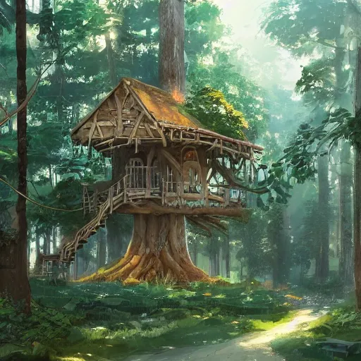 Image similar to concept art painting of treehouses made out of trees, walkways between trees, trees with doors and windows in a deep forest, realistic, detailed, cel shaded, in the style of makoto shinkai and greg rutkowski and james gurney