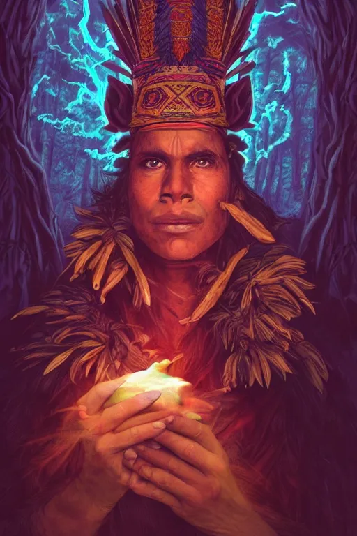 Prompt: an aztec sorcerer casting a powerful spell in a dark forest, by artgerm, ultra hd, hd, 4 k, highly detailed, small details, vaporwave colors, faded effect, 9 0 s vibe, detailed face, perfect face,
