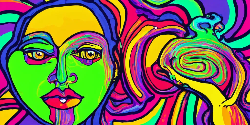 Prompt: a painting of a human head with a rainbow in the background, a pop art painting by Lisa Frank, shutterstock contest winner, psychedelic art, psychedelic, colorful, vivid colors