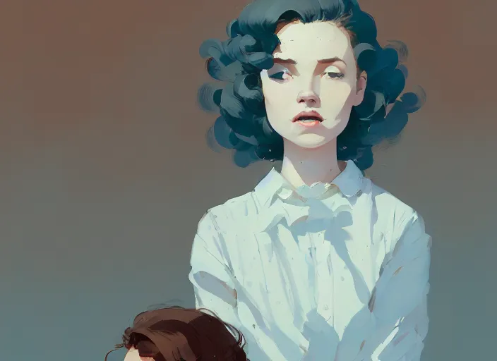 Image similar to portrait woman with short ginger curly hair in the crowd, by atey ghailan, by greg rutkowski, by greg tocchini, by james gilleard, by joe fenton, by kaethe butcher, by ashley wood, dynamic lighting, gradient light blue, brown, blonde cream and white color scheme, grunge aesthetic