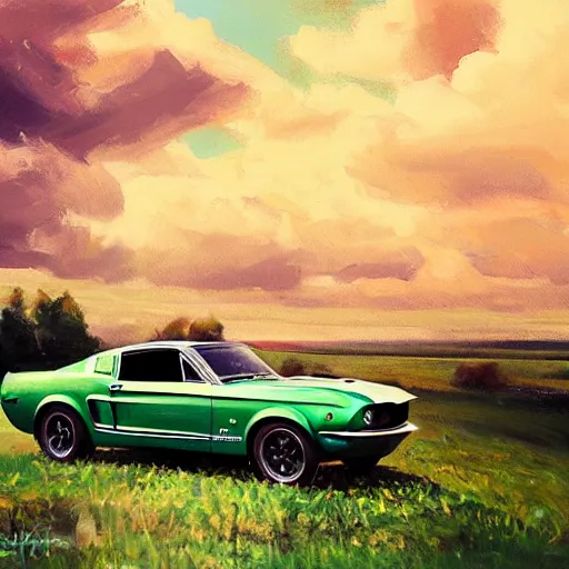 Image similar to green 1967 Ford Mustang GT, Swedish countryside, freedom, dawn, beautiful blonde woman, atmospheric, wlop, artstation, painting by Vladimir Volegov