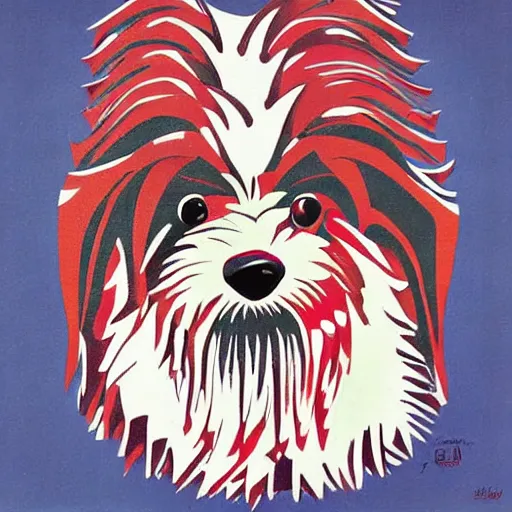 Image similar to tlingit haida lithograph, portrait of havanese dog, simplified forms, multiple colors, print by tristan - wolf reg davidson clifton guthrie maynard johnny jr.