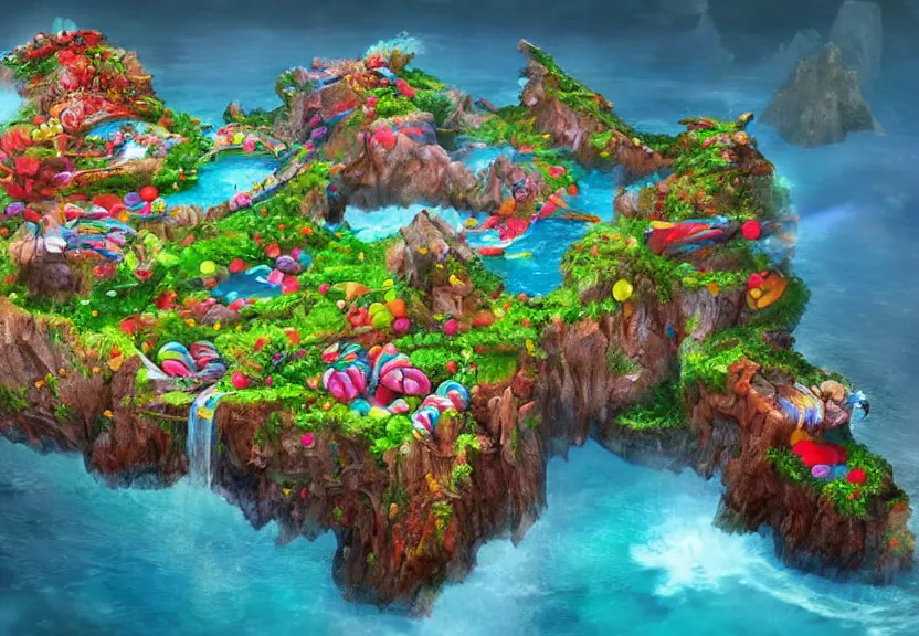 Prompt: an entire island made out of candy, candied island, photorealistic digital art, fantasy and realistic concept art, dynamic lighting, air view, beautiful scenery