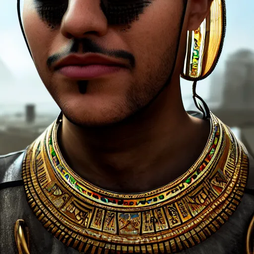 Image similar to a man in egyptian clothing wearing rings and jewlery on his neck, 8k resolution, serene, photorealistic, digital art, hyperdetailed, Unreal Engine, dynamic lighting, ultra detailed, trending on art station, concept art, stunning visuals, extreme detail