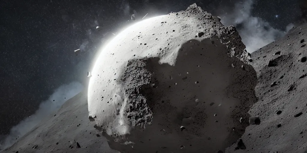 Image similar to huge asteroid impacting the moon, a lot of flying debris, greg rutkowski, 8 k, shallow depth of field, ultra high detail, concept art,