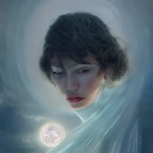 Prompt: 3 d, sci - fi, night, moon, moon rays, sleepy fashion model face, cinematic, clouds, vogue cover style, realistic painting, intricate oil painting, high detail illustration, figurative art, multiple exposure, poster art, 3 d, by tooth wu and wlop and beeple and greg rutkowski