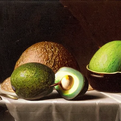 Image similar to still life by willem claesz heda, avocados, bread, linen, a fly, silver, leftover meat pie, overturned chalice, surreal goblets,