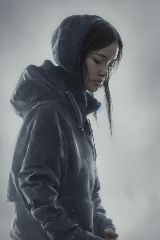 Image similar to A portrait of a women wearing a techwear hoody by Greg Rutkowski, Sung Choi, Mitchell Mohrhauser, Maciej Kuciara, Johnson Ting, Maxim Verehin, Peter Konig, Resident evil , 8k photorealistic, cinematic lighting, HD, high details, dramatic, atmospheric , trending on artstation