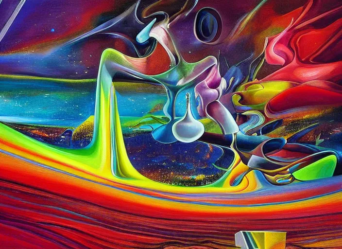 Prompt: an extremely high quality hd surrealism painting of a 3d galactic neon complimentary-colored cartoon surrealism melting optically illusiony high-contrast zaha hadid futuristic orchestra by kandsky and salvia dali the second, salvador dali's much much much much less talented painter cousin, clear shapes, 8k, realistic shading, ultra realistic, super realistic