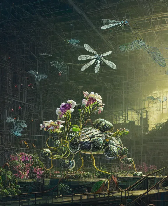 Image similar to a giant industrial plant made out of seamless isopod dragonflies, in the style of a puffy robot, overgrown with orchids, partly cloudy, somber, dramatic lighting, by dan mumford, yusuke murata, makoto shinkai, ross tran, cinematic, unreal engine, cel shaded, featured on artstation, pixiv