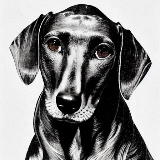 Prompt: portrait of a brindle dachshund, salt and pepper hair, soft hair, d & d, muscular, fantasy, intricate, elegant, highly detailed, smooth, sharp focus, illustration, art by frank frazetta and alphonse mucha