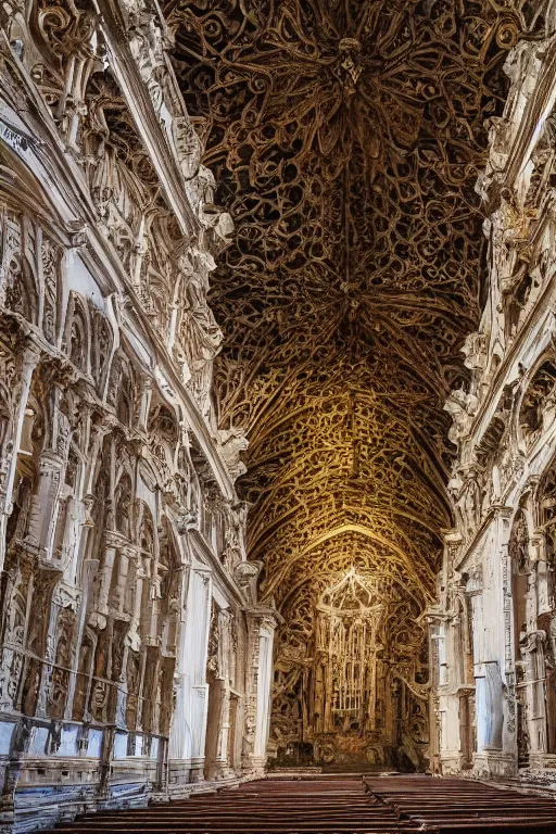 Prompt: photo inside an abandoned cathedral, ornate highly detailed intricate