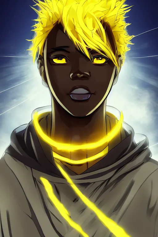 Image similar to glowing black male anime character, golden hair, yellow eyes, symmetrical, portrait, highly detailed, digital art, sharp focus, trending on art station, samurai, electricity superpowers, anime art style