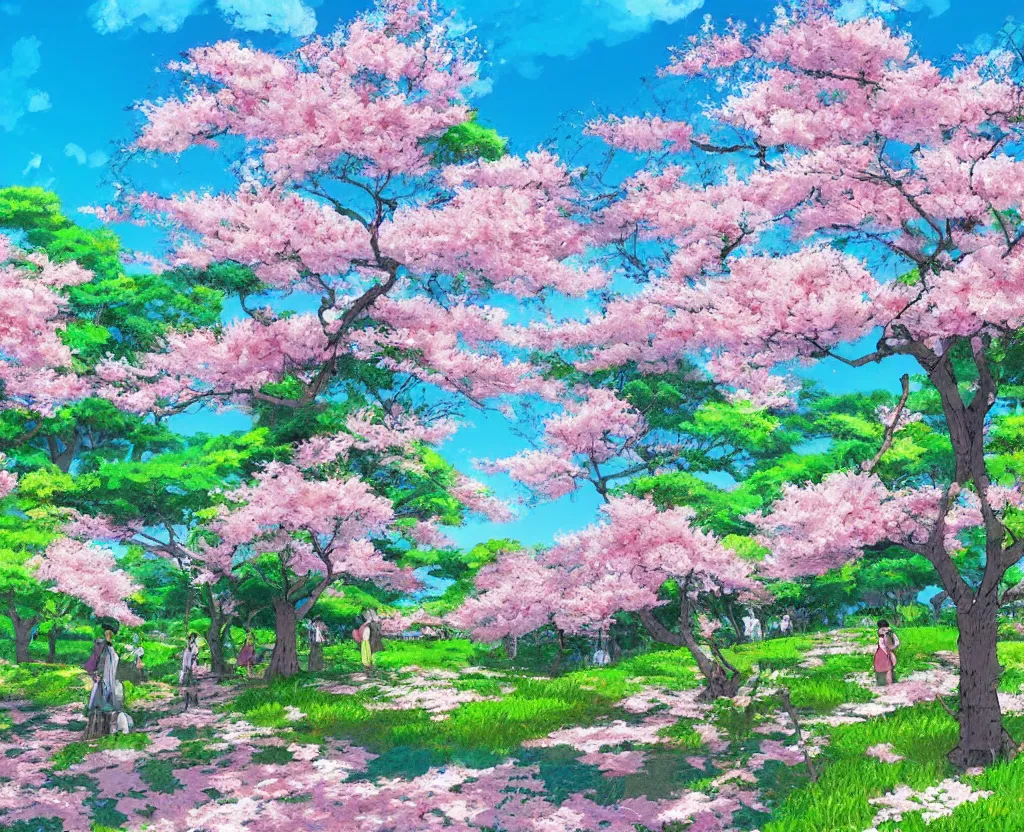 Prompt: Sakura forest on a sunny day, bloom, bright, landscape, very detailed, art by Studio Ghibli