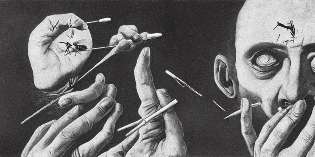 Prompt: a man removing a nail from the middle of his forehead where he has a third eye by dali